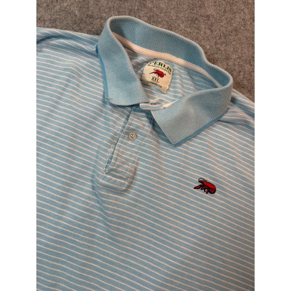 Vintage Perlis Crawfish Polo Shirt Mens XXL Blue White Striped Pique Logo